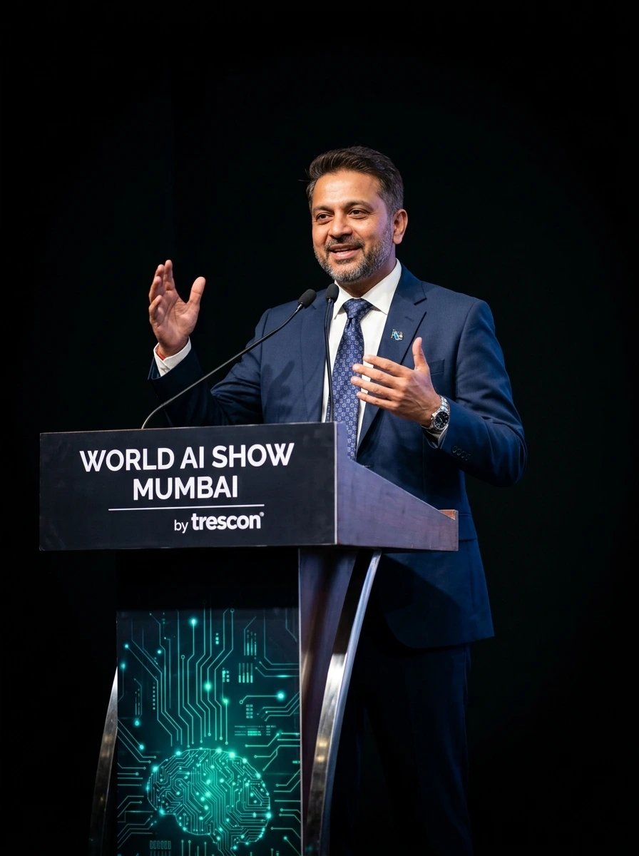 Speaker presenting on stage at World AI Show